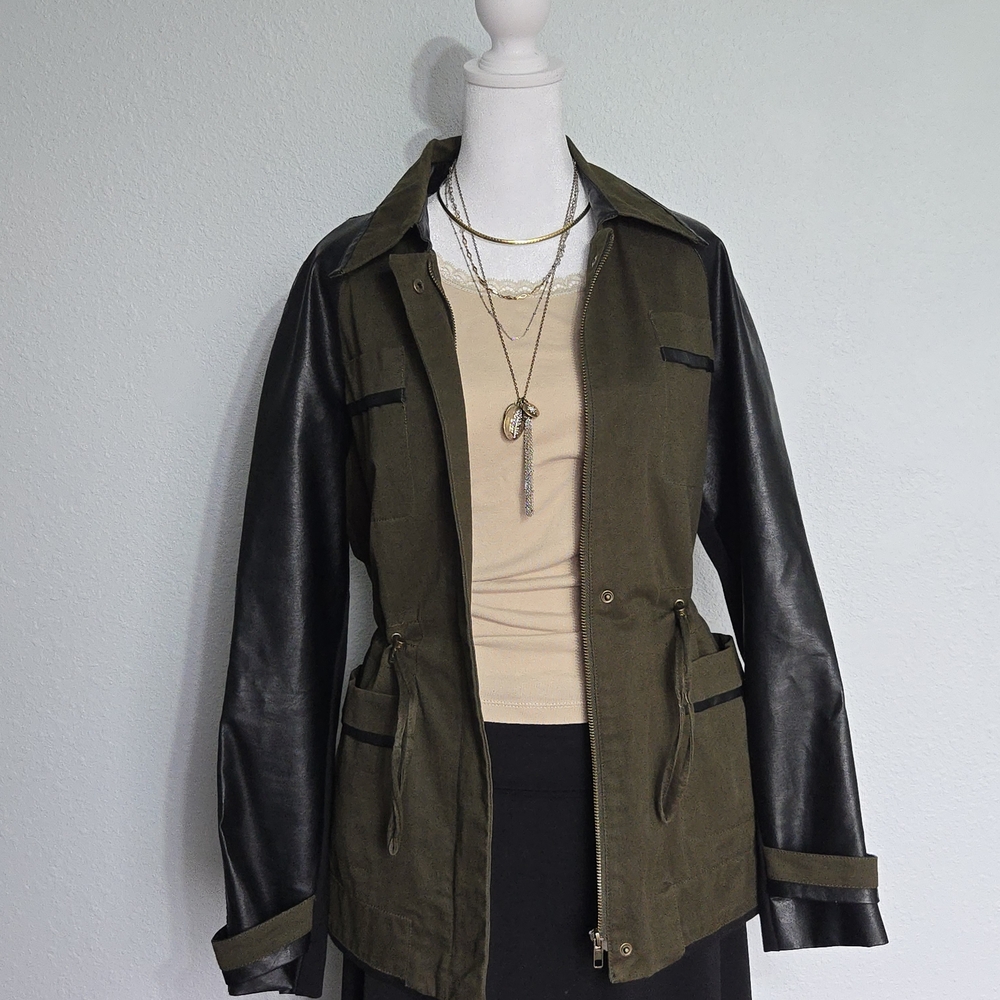 Edgy, Saks Fifth Avenue Military Green Faux Leather Utility Jacket